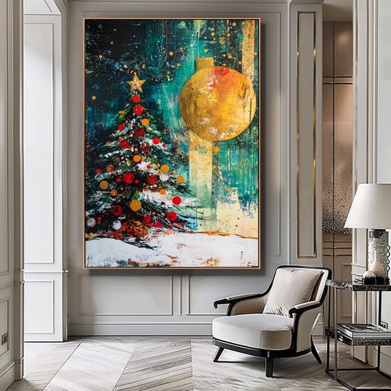 抽象的なクリスマスツリーの絵画、抽象的な冬の部屋の装飾、カラフルな