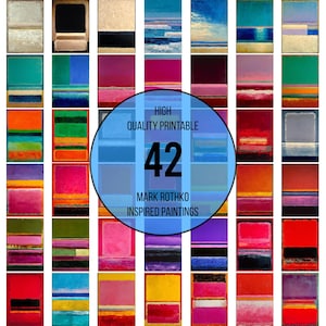 Może przedstawiać: Kolekcja 42 obrazów inspirowanych Markiem Rothko, każdy z prostokątnymi polami kolorów w różnych odcieniach. Obraz zawiera centralny niebieski okrąg z tekstem „HIGH QUALITY PRINTABLE” i „42 MARK ROTHKO INSPIRED PAINTINGS”.