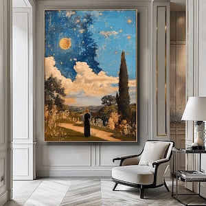 Vintage Star Gazing, Night Cloudy Landscape, Night Wall Art, Printable Wall Art, Abstract Landscape At Night, Celestial Moon Print
