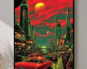 Retro Futuristic Cityscape Art Print, Neon Sci-Fi Skyline Poster, Vaporwave Urban Print, Synthwave Poster, Mid-Century Style Poster Futurism