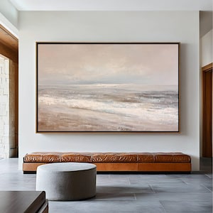 Abstract Beige Seascape Painting, Printable Wall Art, Muted Coastal Beach, Neutral Beach Painting, Soft Blue Tone Landscape Digital Download