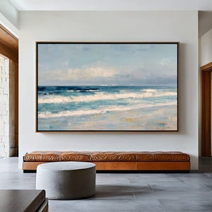 Abstract Seascape Painting, Printable Wall Art, Muted Coastal Beach, Neutral Beach Painting, Soft Blue Tone Landscape, Digital Download