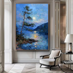 Moonlight Over Lake Art Print, Serene Full Moon Reflection on Water, Tranquil Coastal Digital Print, Full Moon Over Lake, Digital Download