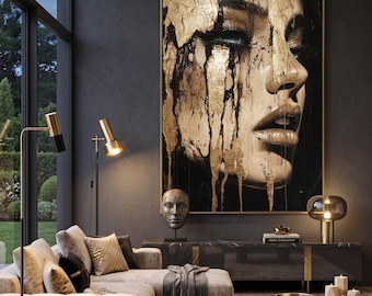 Luxury Gold Leaf Woman Portrait Art, Black and Gold Liquid Face Painting, Modern Glamour Wall Decor, Digital Print