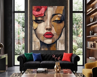 Abstract Woman Portrait with Red Flower, Gold Leaf Mixed Media Wall Art, Glamour Female Face Print, Digital Download