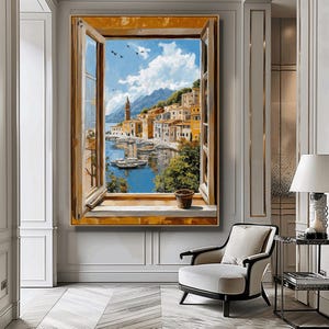 May include: A painting depicting a window with a view of a small town situated on a bay. The town is built on a hillside and features numerous colourful buildings. The water is blue and there are boats in the bay. The window is open and a potted plant sits on the windowsill.