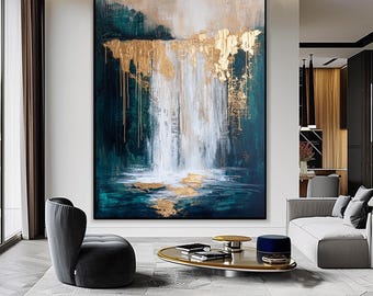 Abstract Navy Blue Gold Waterfall Painting Waterfall Abstract Art Print Gold Painting Abstract Landscape Digital Download Printable Wall Art