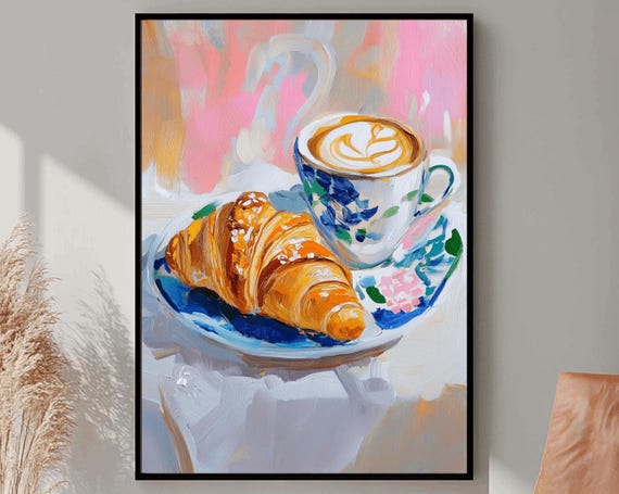 Coffee and Croissant Painting, Cafe Wall Decor, French Breakfast Art, Kitchen Wall Decor, Coffee Shop Decor, Rustic Kitchen Print,