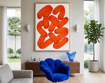 Arte de parede abstrata em laranja vibrante, estampa minimalista de fita orgânica, pôster moderno com rabiscos em tangerina, decoração inspirada na dopamina, arte para download digital.