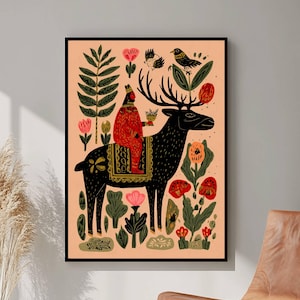 Norwegian Folk Art, Scandinavian Art, Norway Folk Art, Botanical Wall Art, Digital Download, Nordic Minimalist Floral Illustration