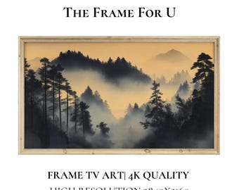 Cuadro decorativo para TV con diseño de bosque brumoso / Descarga digital de montaña de pinos al estilo de tinta japonesa / Arte de pared para TV Samsung / Decoración de naturaleza oscura y sombría