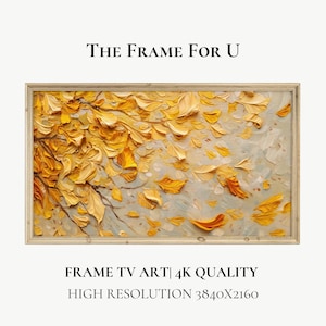 Puede incluir: Una pintura enmarcada de un árbol amarillo con hojas cayendo al suelo. La pintura se titula "The Frame For U" y tiene el texto "FRAME TV ART | 4K QUALITY HIGH RESOLUTION 3840x2160" debajo.