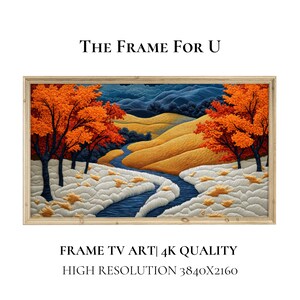 May include: A digital painting of a landscape with a winding river flowing through a valley. The trees are in shades of orange and yellow, and the hills are a soft yellow. The sky is a deep blue with clouds. The text "THE FRAME FOR U" is at the top of the image. The text "FRAME TV ART | 4K QUALITY HIGH RESOLUTION 3840X2160" is at the bottom of the image.