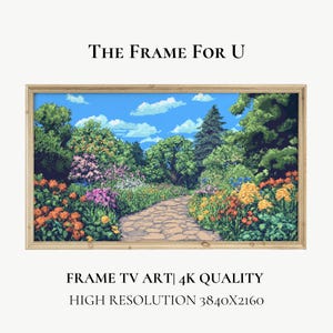 Könnte beinhalten: Ein digitales Gemälde eines Gartenwegs, der durch einen üppigen grünen Wald mit bunten Blumen auf beiden Seiten führt. Der Himmel ist blau mit weißen Wolken. Der Text "THE FRAME FOR U" befindet sich oben im Bild. Der Text "FRAME TV ART | 4K QUALITY HIGH RESOLUTION 3840x2160" befindet sich unten im Bild.