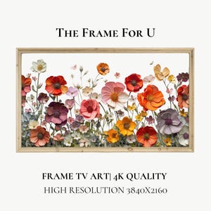 May include: A framed floral artwork featuring a vibrant array of colorful flowers in shades of red, orange, pink, and yellow against a white background. The frame is a light wood color, and the text "THE FRAME FOR U" is at the top.