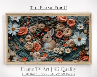 Samsung The Frame TV Kunst Osterhase Sofortiger Download, Wildblumen Frühling Rahmen TV Kunst, Floral Stickerei texturierte Kaninchen Kunst