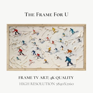 Può includere: Un dipinto incorniciato di sciatori su una montagna bianca innevata. Il dipinto è in una cornice di legno chiaro. Il testo "THE FRAME FOR U" è sopra il dipinto. Il testo "FRAME TV ART | 4K QUALITY HIGH RESOLUTION 3840x2160" è sotto il dipinto.