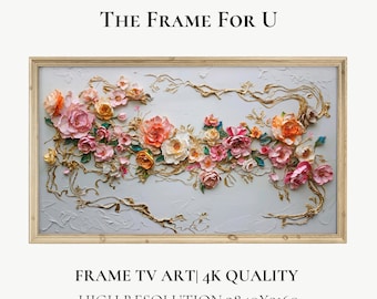 Rahmen TV Kunst, abstrakte Frühlingsblumen Malerei, Floral Digitaler Download für Tv Wildblumen, 3D Strukturierte Neutrale Töne | TV0186