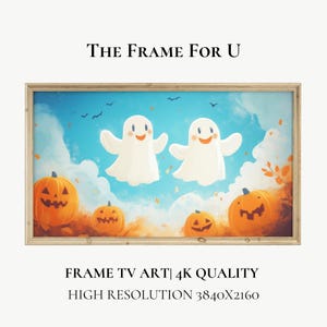 May include: A digital painting of two white ghosts flying in a blue sky with white clouds. There are orange pumpkins with carved faces in the foreground. The text "THE FRAME FOR U" is at the top of the image. The text "FRAME TV ART | 4K QUALITY HIGH RESOLUTION 3840x2160" is at the bottom of the image.