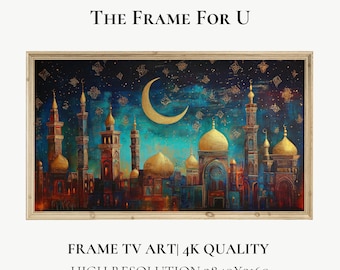 Eid Mubarak Frame TV Art | Crescent Moon and Golden Minarets in Starry Night | Islamic Wall Art Digital Download | TV0629
