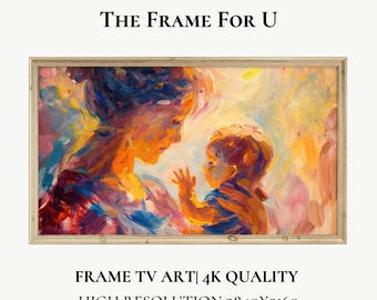 Puede incluir: Una obra de arte enmarcada con una pintura impresionista vibrante de una madre y un niño. La pintura presenta colores cálidos como naranja, amarillo y azul. El texto en la parte superior dice "THE FRAME FOR U", y en la parte inferior, "FRAME TV ART | 4K QUALITY HIGH RESOLUTION 3840X2160".
