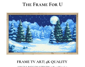 May include: A framed digital art print depicting a winter landscape with snow-covered evergreen trees under a starry night sky and a full moon. The text "THE FRAME FOR U" is at the top, and "FRAME TV ART | 4K QUALITY HIGH RESOLUTION 3840X2160" is at the bottom.