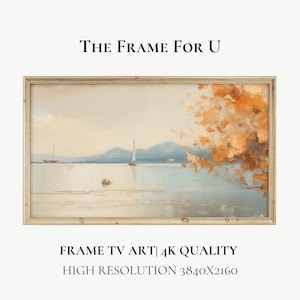 May include: A framed painting of a seascape with a sailboat in the distance and a small boat in the foreground. The painting is set against a backdrop of mountains and a sky with a soft, pale blue hue. The frame is a simple, light wood.