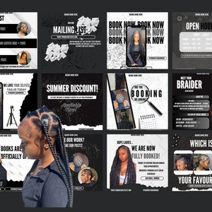 DIY 12 Instagram Post Content for Braiders, Black,White,Grey, Booking Flyer, Social Media design, Edit, Canva design