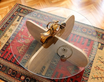 Round Tempered Glass Coffee Table with Wooden Legs