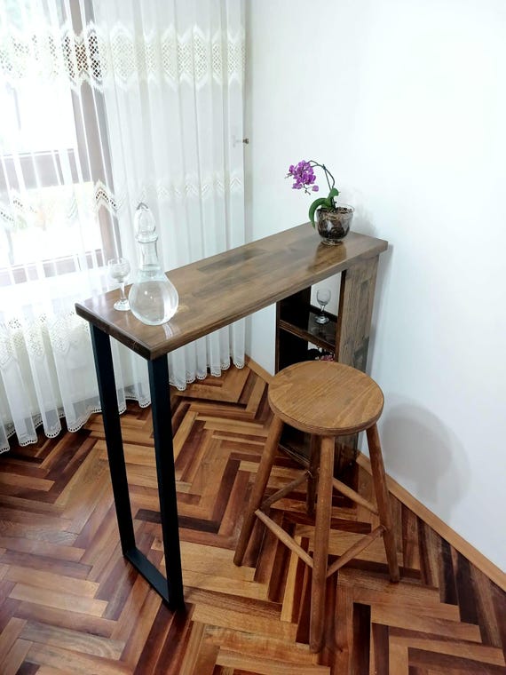 Handmade Natural Pine Bar Table: Narrow Wooden Pub Table+Stool