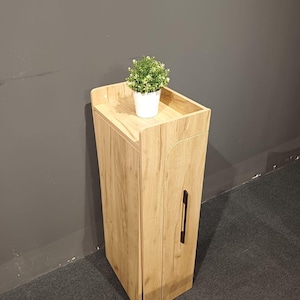 May include: A light wood-grain cabinet with a single door and a black handle. A small white pot with a green plant sits on top. The cabinet is a narrow, vertical design, suitable for small spaces.
