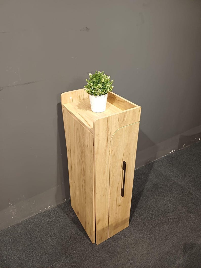 May include: A light wood-grain cabinet with a single door and a black handle. A small white pot with a green plant sits on top. The cabinet is a narrow, vertical design, suitable for small spaces.