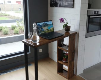 Mesa de bar de pino natural hecha a mano: mesa estrecha de madera para pub + taburete