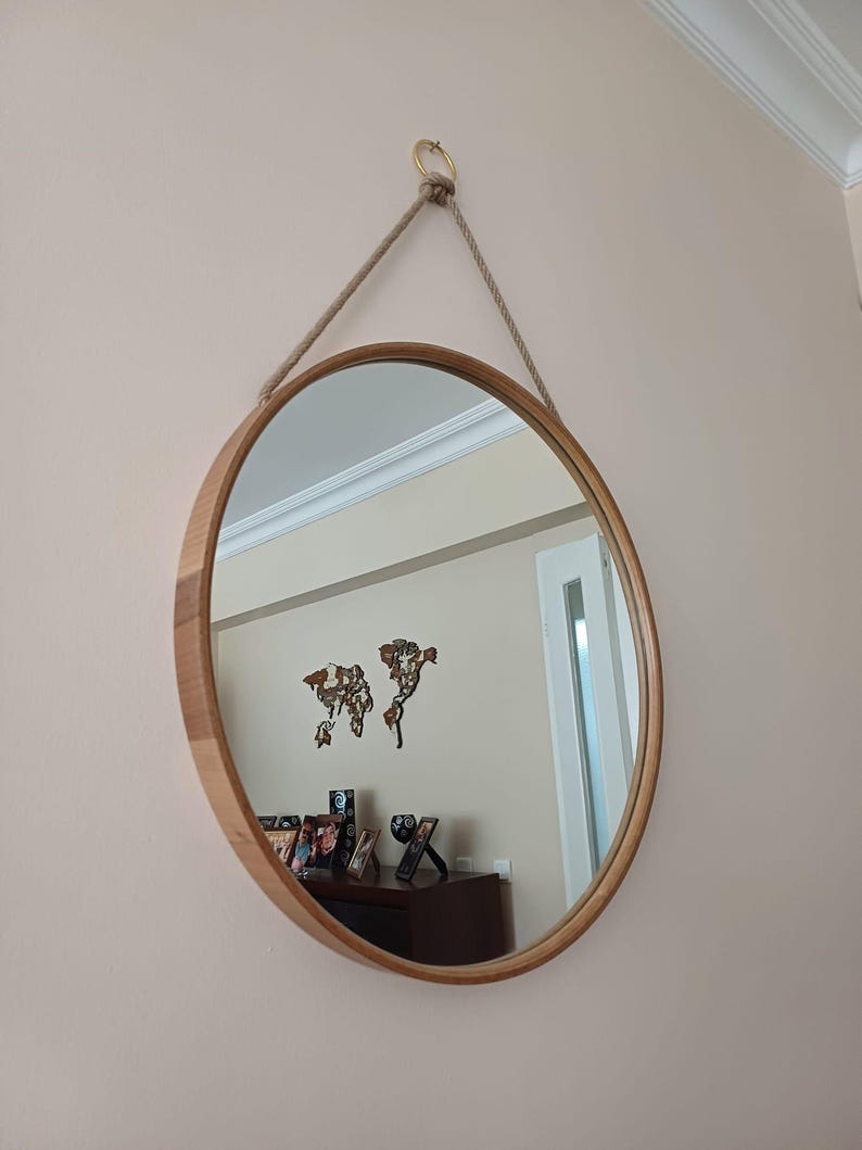 Wooden Hanging Round Mirror With Rope, Wall Mirror, Natural Wall Mirror ...