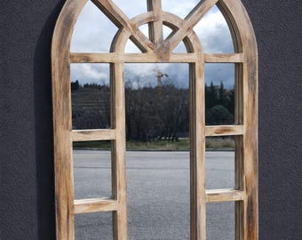 Vintage Arched Window Mirror: Handmade Wooden Frame, 18th Century Style