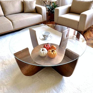 Modern Wooden Round Glass Coffee Table, Unbreakable Tempered Glass