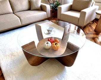 Modern Wooden Round Glass Coffee Table, Unbreakable Tempered Glass