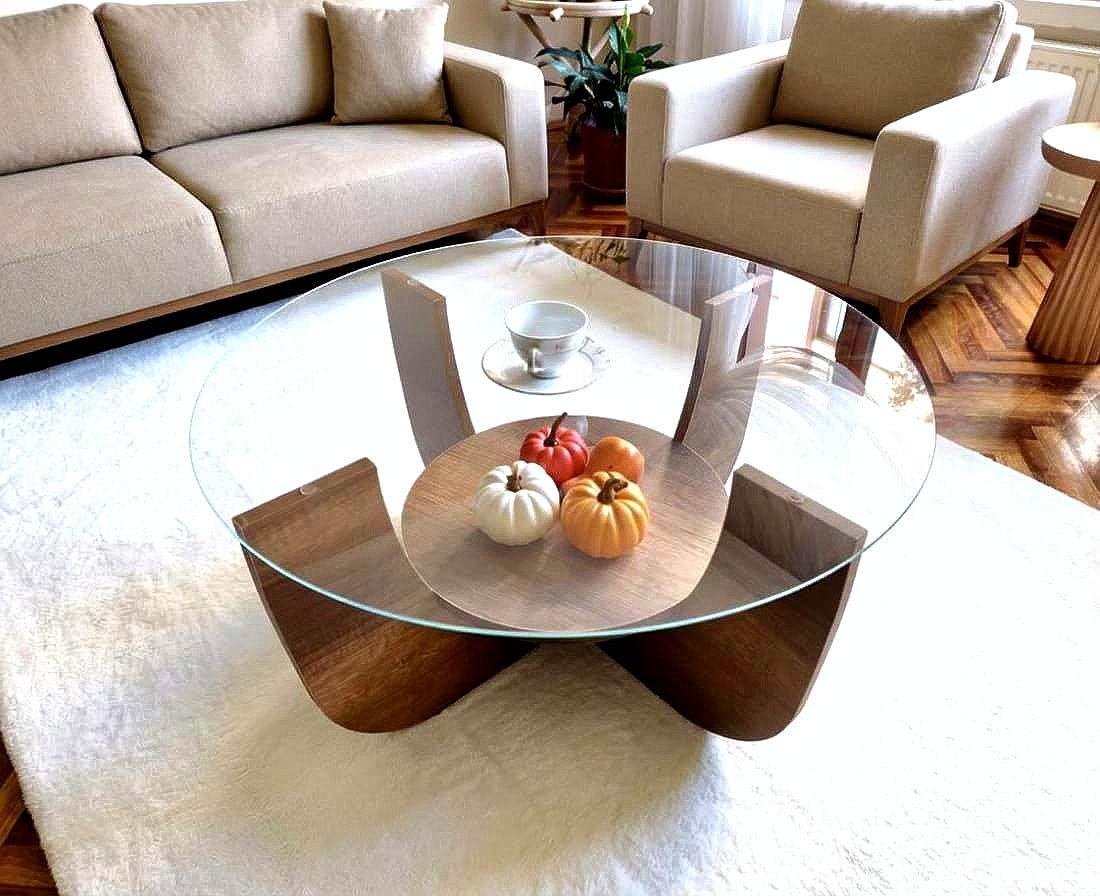 Table Basse Ronde En Bois Moderne Verre, Verre Trempé Incassable