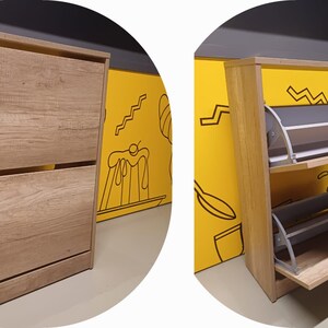 May include: A wooden shoe cabinet with two doors and two shelves. The cabinet is closed in the first image and open in the second image, revealing two shelves with gray metal shoe racks.