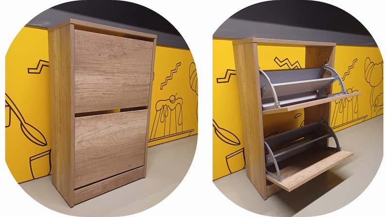 May include: A wooden shoe cabinet with two doors and two shelves. The cabinet is closed in the first image and open in the second image, revealing two shelves with gray metal shoe racks.