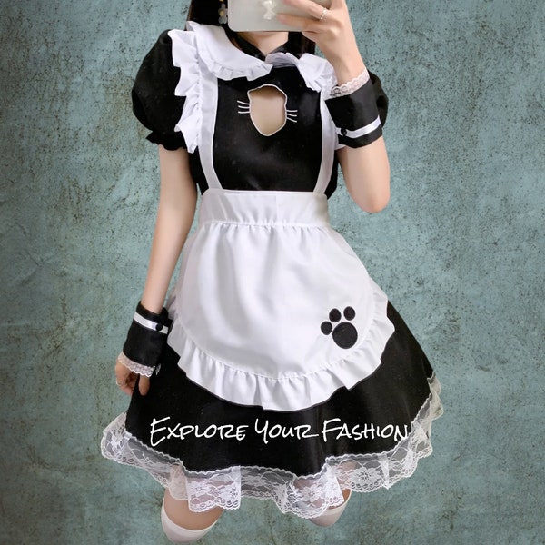 Maid Outfit Fancy Dress Cosplay Costume Dress, Black Outfit, Maids Outfit, French Outfit Adult Gothic Choker Black and White Short Sleeve