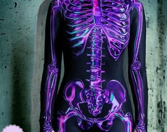 Lila Skelett Kostüm, Glow in the Dark Cosplay Halloween Kostüm Damen, Erwachsene Halloween Kostüm, Skelett Bodysuit, Cosplay, Sexy Lycra.