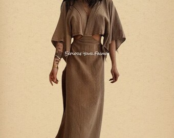 Leinen Ägyptische Kleid, Langärmelige Sommer Kleid Boho Maxi Gast Kleid Sommer Strand Party Hochzeits Outfit Cool Maxi Lange Schlitz Lockeres Kleid.