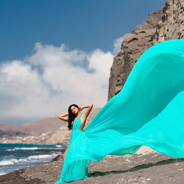 Long Flying Dress | Flying Dress for Personalize Long Train Dress | Photoshoot Dress | Flowy DressSatin Dress | Santorini Flying Dress G072