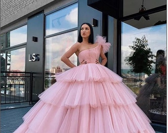 Baby Pink Multilayer Prom Dress Princess Personalize Dress Tulle Sweep Party Dresses Ruffles Ball Gown Photoshoot Wedding Party Dress NG021