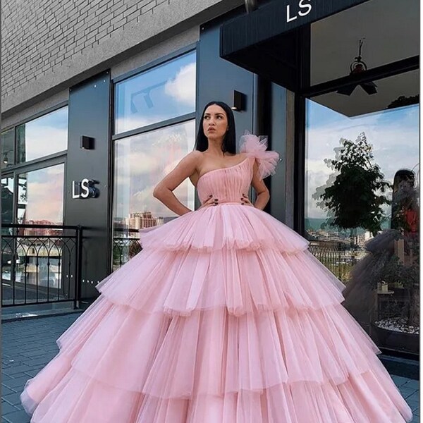 Baby Pink Multilayer Prom Dress Princess Personalize Dress Tulle Sweep Party Dresses Ruffles Ball Gown Photoshoot Wedding Party Dress NG021