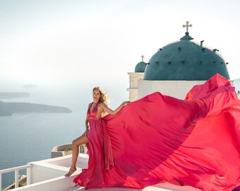Vestido de maternidad, vestido volador, vestido personalizado de tren largo, vestido volador para sesión de fotos, vestido volador Santorini, vestido de novia G047