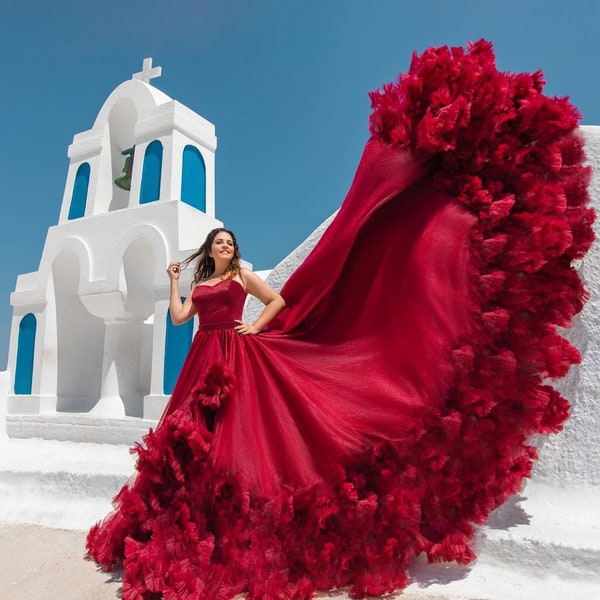 Robe longue rouge en tulle, robe volante en filet de satin, robe longue à personnaliser, différentes traînes larges et longues, robe pour séance photo, robe de maternité NG039
