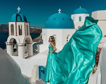 Fliegendes Kleid | Langes Schleppenkleid | Fotoshooting-Kleid | Langes, personalisierbares fliegendes Kleid | Fließendes Kleid | Satinkleid | Fliegendes Santorini-Kleid G081