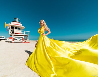 Photo Shoot Gowns & Dresses | Ruffle Satin Flying Dress | Satin Long Personalized Train Dress | Santorini Photoshoot Dress | G080